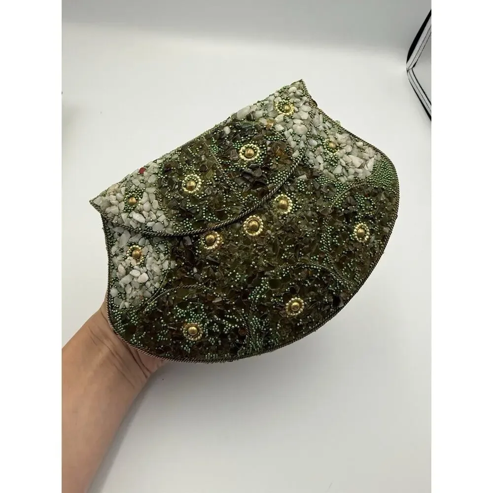 Vintage Mosaic Stone Hard Shell Evening Clutch Bag Green Quartz Beaded Purse